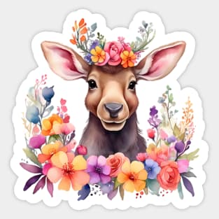 A moose decorated with beautiful watercolor flowers Sticker